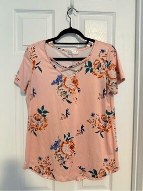 Tickled Teal Pink Floral Crisscross Neck Short Sleeve Top